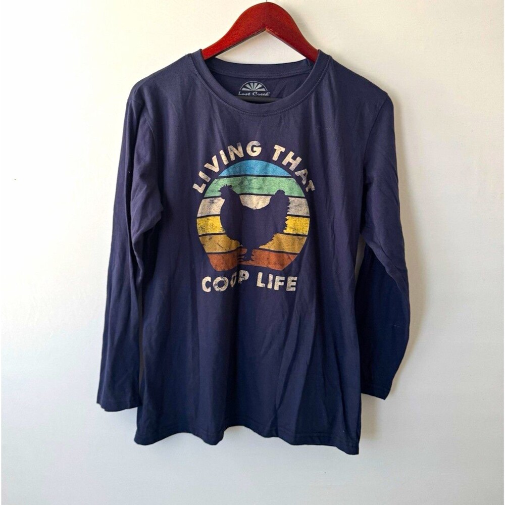 Lost Creek Outfitters Coop Life Chicken Graphic T-Shirt Men’s L Blue Crew LS